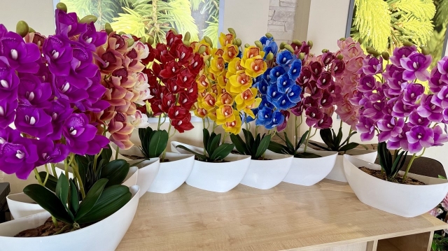 Artificial Cymbidium orchid in a pot - a new realistic composition for stylish interior decor